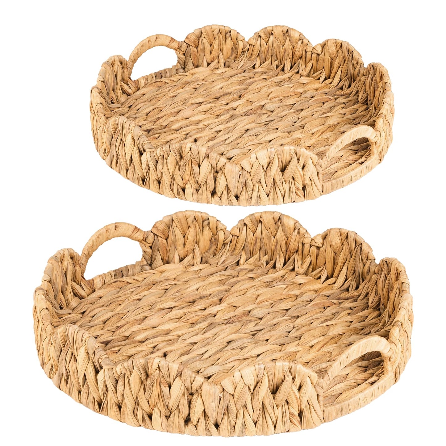 ATEDIR Round Serving Tray, 2-Pack Wicker Basket Tray with Handles, Rattan Woven Decorative Serving Tray, Natural Water Hyacinth Scalloped Tray for Home Decor and Desk Organizer Tray