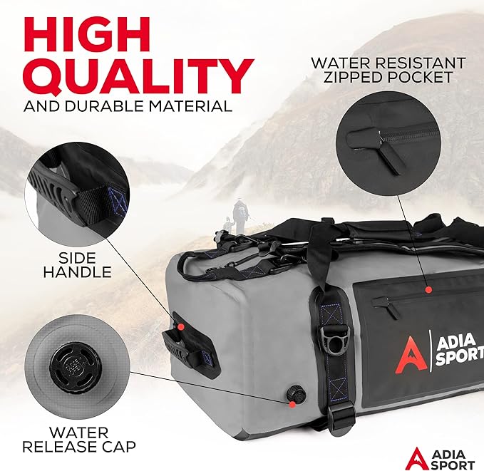 XL Waterproof Duffle Travel Bag for Vacation, Boating - Bag is Heavy Duty and fits 60L (Black & Grey)
