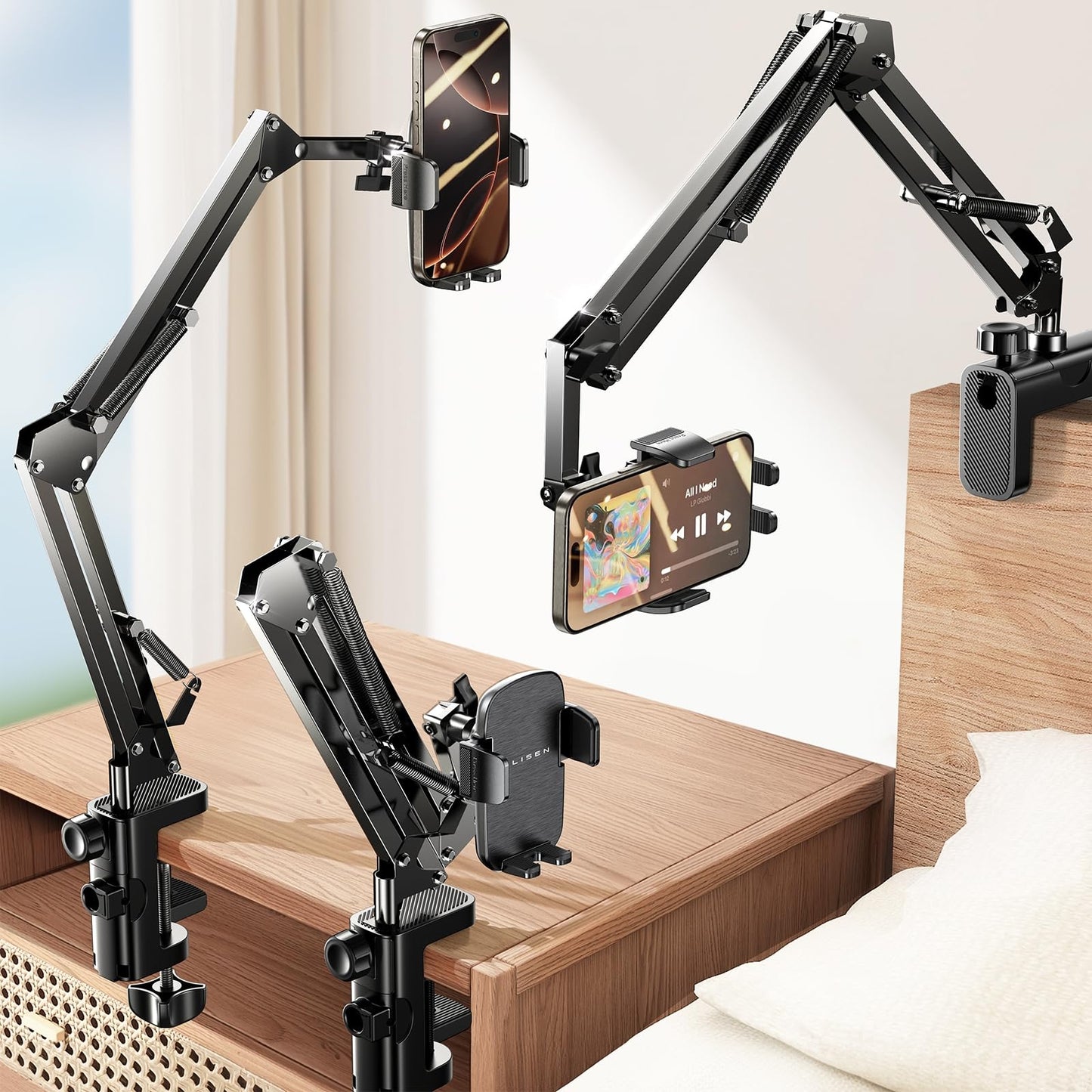 LISEN Gooseneck Phone Holder for Bed Desk [3rd Upgrade] Cell Phone Stand for Desk,Recording for iPhone Mount iPhone Holder for Filming Camera Laying Down,Bed Accessories Flexible Arm Clamp Clip Stand