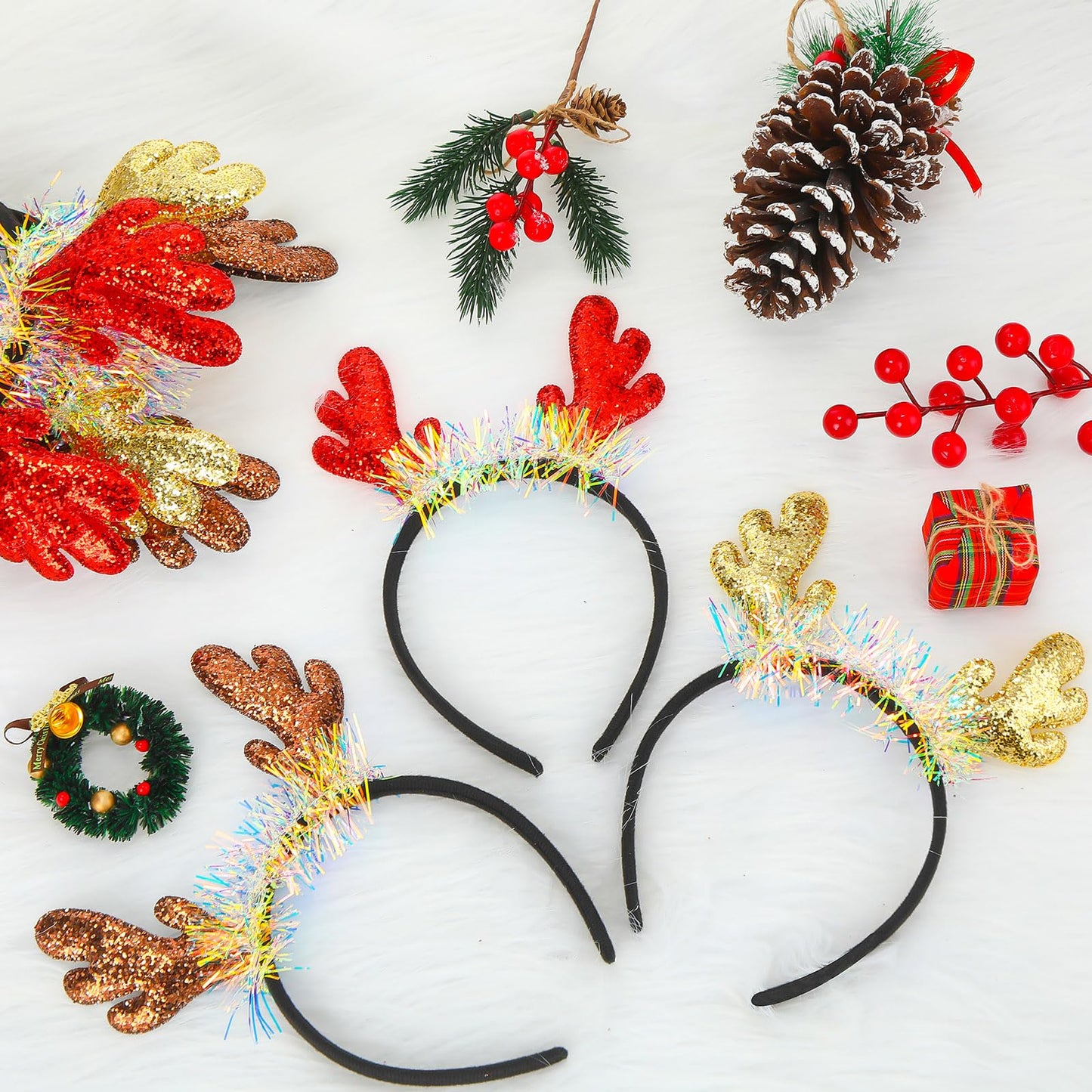 Riceshoot 30 Pcs Christmas Reindeer Antlers Headband Bulk Deer Antlers Headbands with Ears Deer Costume for Women Christmas Party Favors Halloween Supplies