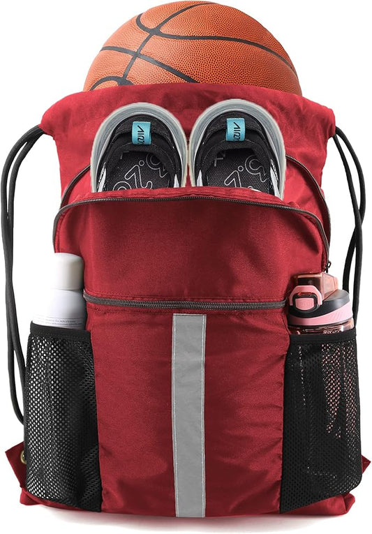 BeeGreen Drawstring Backpack Bag with Shoe Compartment, X-Large Black Gym Sports String Cinch Backpack