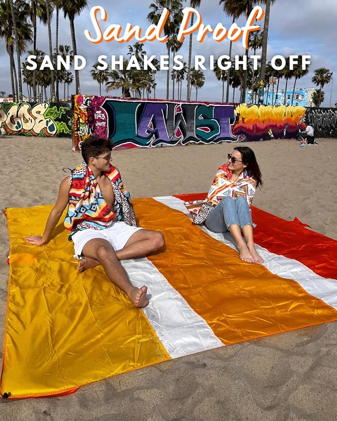 ECCOSOPHY Sandproof Beach Blanket - Oversized Sand Free Beach Mat 9'x10' - Lightweight Outdoor Picnic Blanket Anchored with 4 Corner Sand Pockets & Plastic Stakes - Heat Proof, Quick Drying & Compact