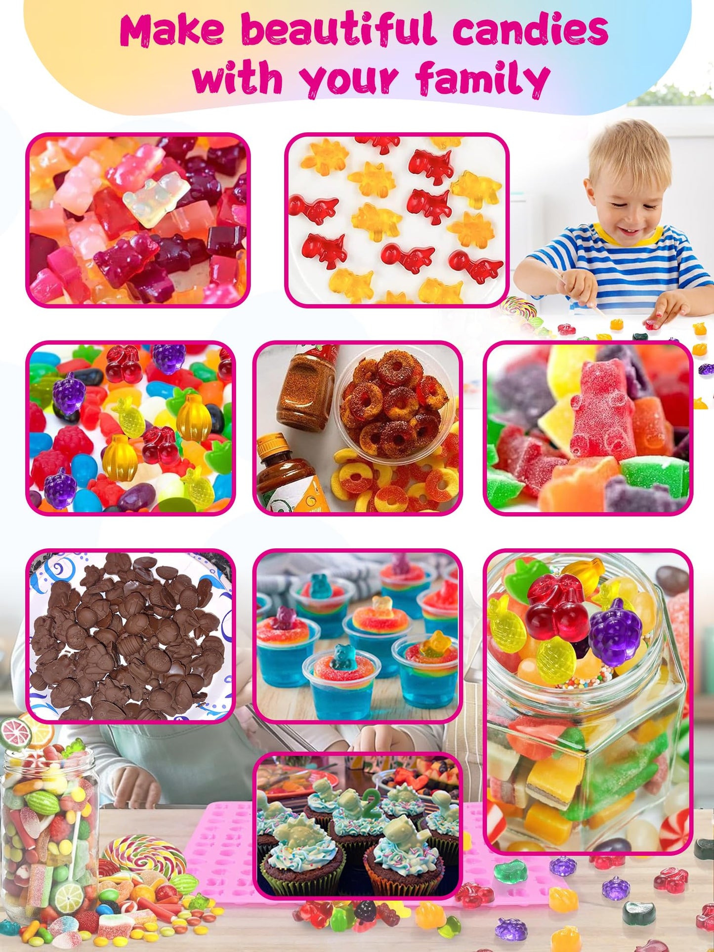 117Pcs Silicone Gummy Bear Molds Kit with 100 Wrappers, 5 Recipe Cards, 4 Droppers & 2 Brushes,Non-Stick Candy Mold for DIY Chocolate, Gummy Bears, Party Favors (Dinosaur, Bear, Fruits, Donut Shapes)
