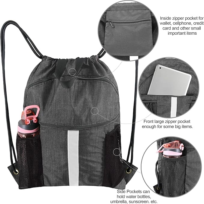 BeeGreen Drawstring Backpack Bag with Shoe Compartment, X-Large Black Gym Sports String Cinch Backpack