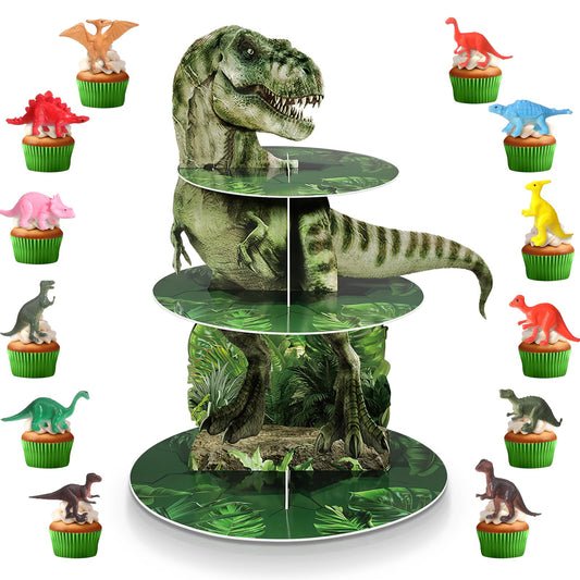 Censen 3 Tier Dinosaur Cupcake Stand Party Decorations Dinosaur Cupcake Holder 24 Pcs Dinosaur Figure Toys Cupcake Toppers Dinosaur Dessert Tower for Boys Dinosaur Jungle Theme Birthday Party Supplies