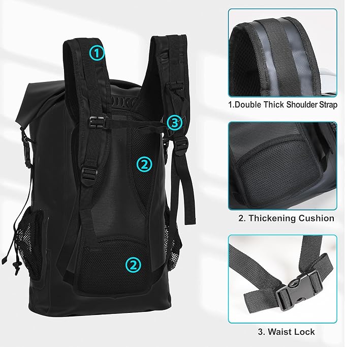 UPWELL 30L Waterproof Dry Bag Boating Backpack for Travel Hiking Camping Kayaking Hiking Swimming Floating Submersible Dry Bag Black