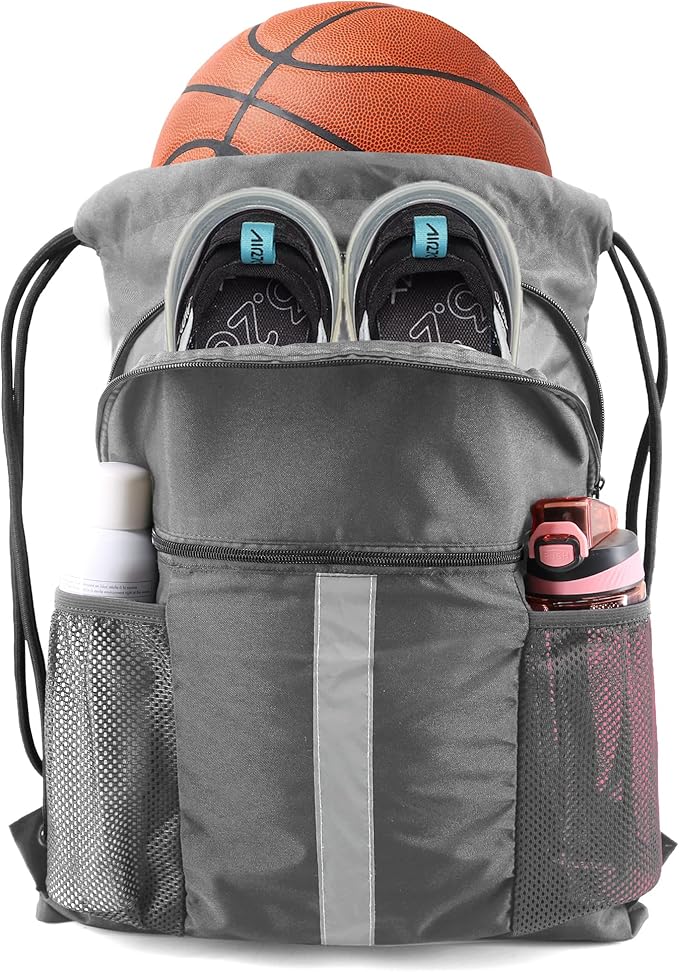 BeeGreen Drawstring Backpack Bag with Shoe Compartment, X-Large Black Gym Sports String Cinch Backpack