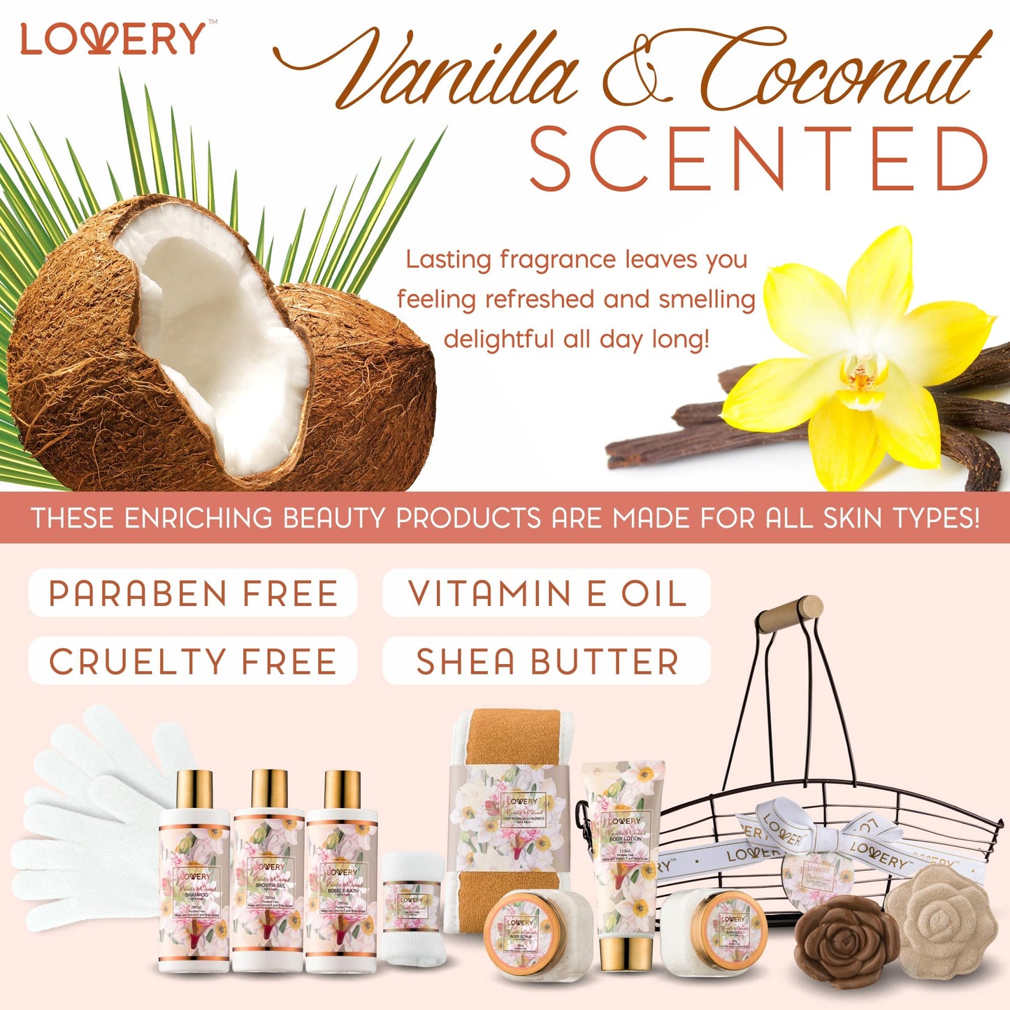 LOVERY Vanilla Coconut Bath & Spa Gift Set, 13pc Spa Gift Basket, Gifts for Women & Men, Bath Bomb, Body Lotion, Bubble Bath & More