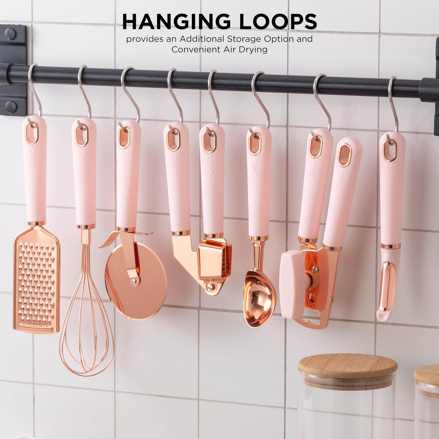 COOK WITH COLOR Kitchen Gadget Set Copper Plated Stainless Steel Utensils with Soft Touch Handles, Copper Pink, 7 Pieces