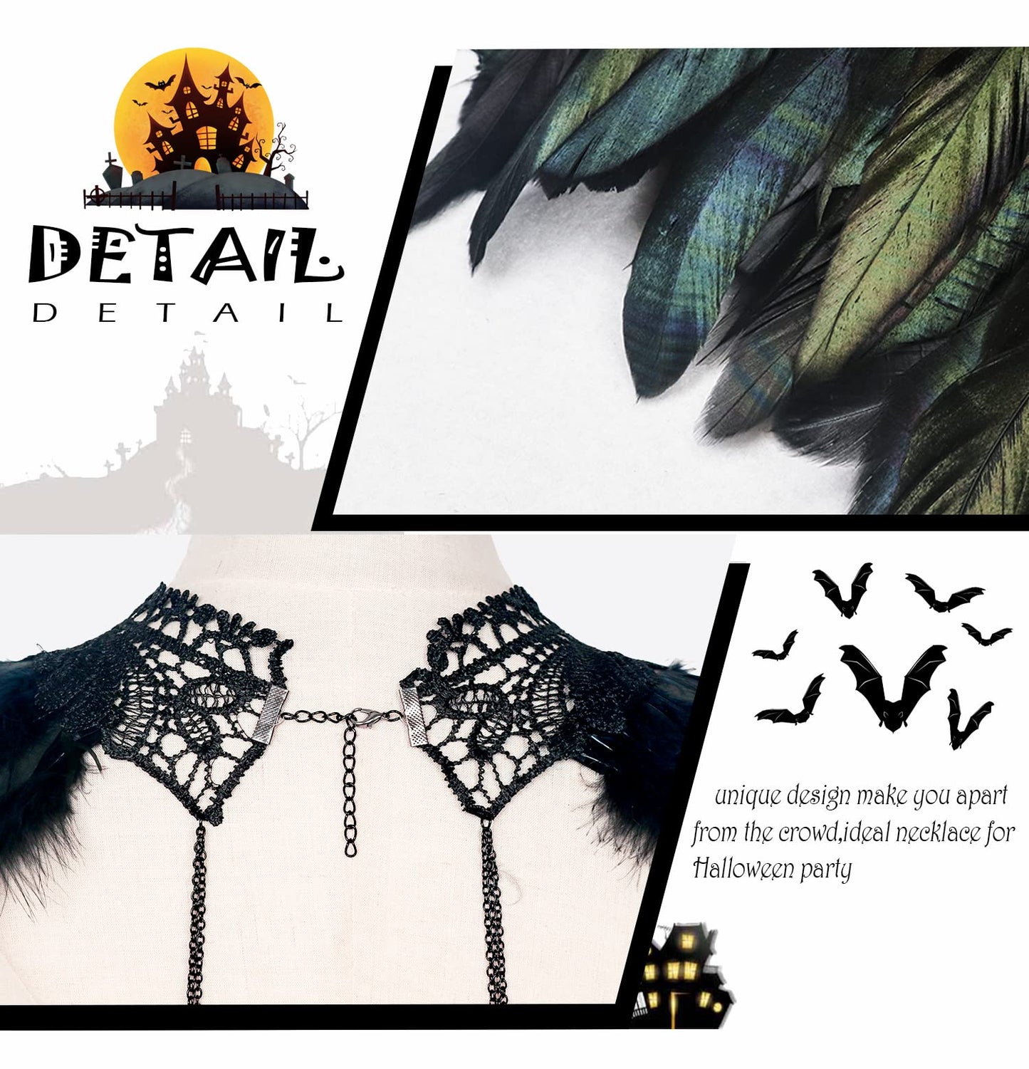 L'VOW Real Black Feather Harness Lace Collar Necklace Bib Halloween (Z-Black001)