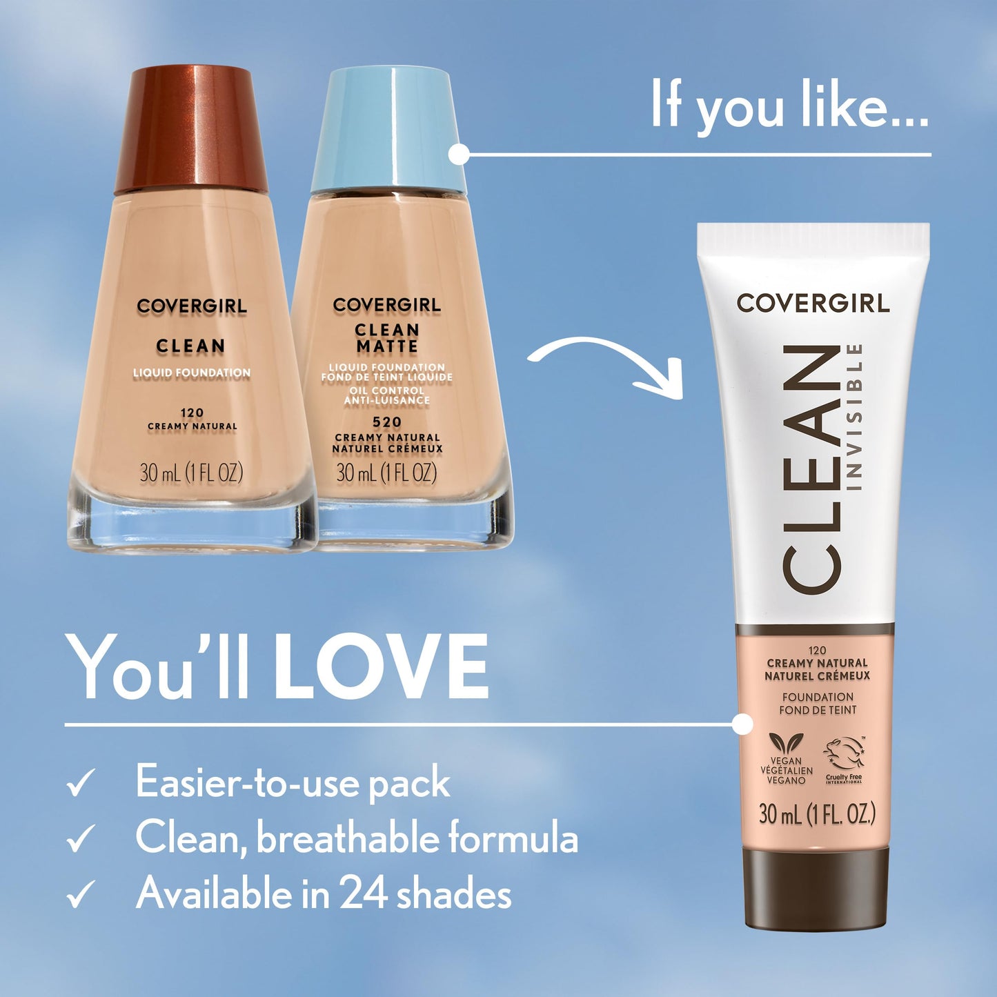 COVERGIRL Clean Invisible Foundation Makeup, Dewy & Glowy Natural Finish, Buildable Coverage, Skin-Like Smooth Look, Vegan, Deep Golden, 1oz
