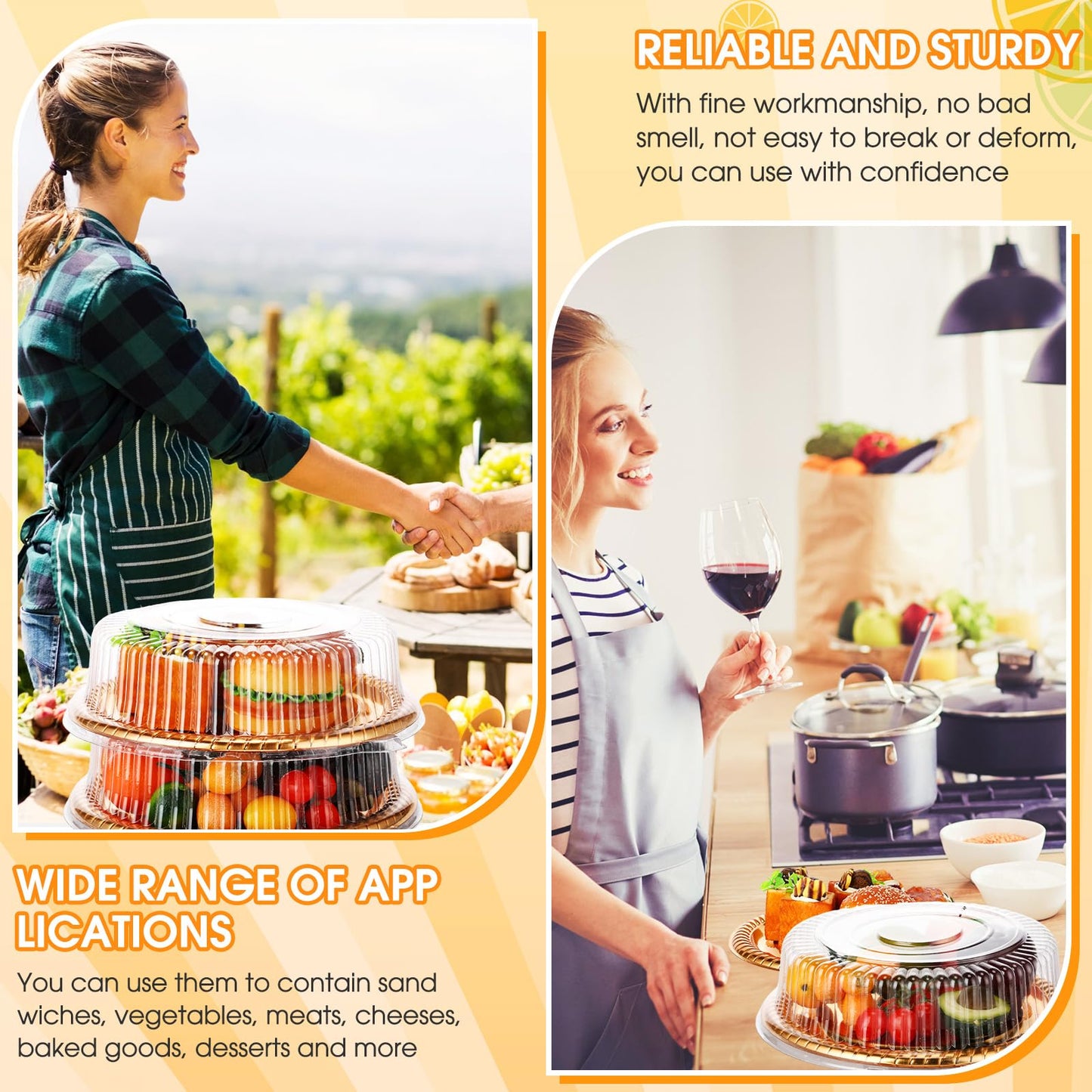 Nitial 12 Pcs Plastic Serving Tray with Lid Heavy Duty Elegant Platters Gold Catering Trays Round Stackable Disposable Containers with Clear Lids for Party Fruit Cake Sandwich Takeout Food (12 Inches)