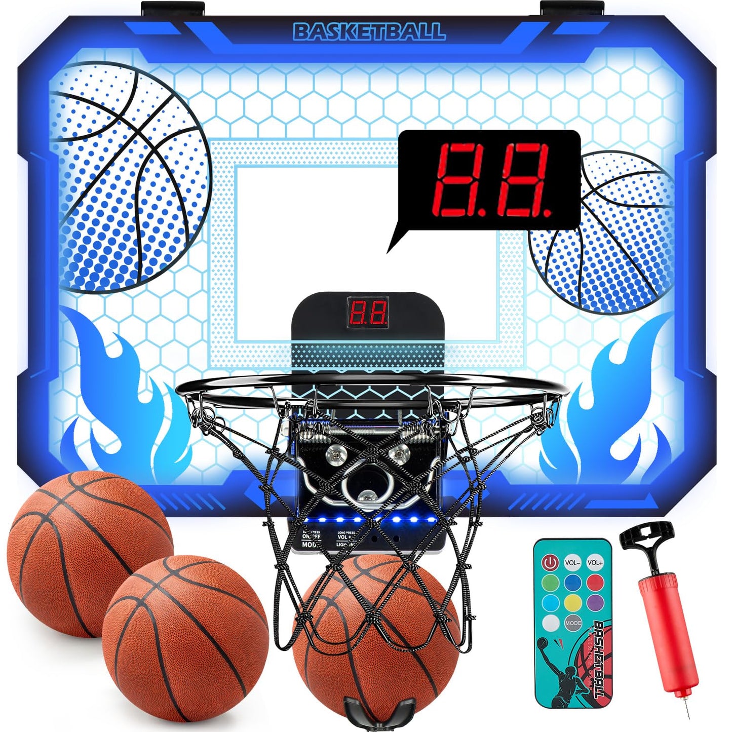 VROGTIK Indoor Basketball Hoop for Kids with Led Lights Mini Basketball Hoop with Remote Control Over The Door Basketball Hoops with Scoreboard Basketball Toys for 4-12 Year Old Boys Girls