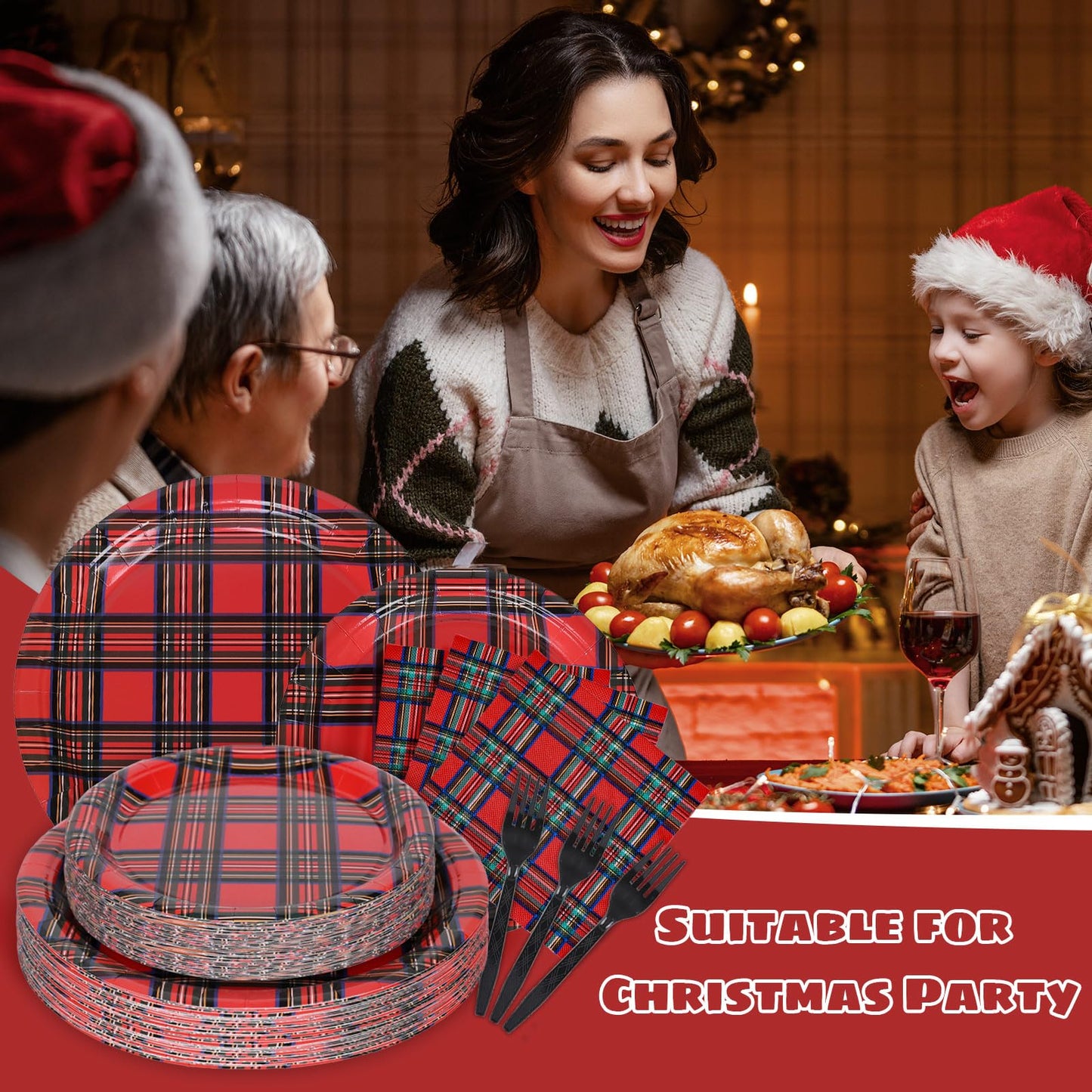 Whaline 96Pcs Christmas Plaid Paper Tableware Set Red Xmas Checkered Party Supplies Gingham Disposable Plates Napkins and Forks for 24 Guest Holiday Birthday New Year Party