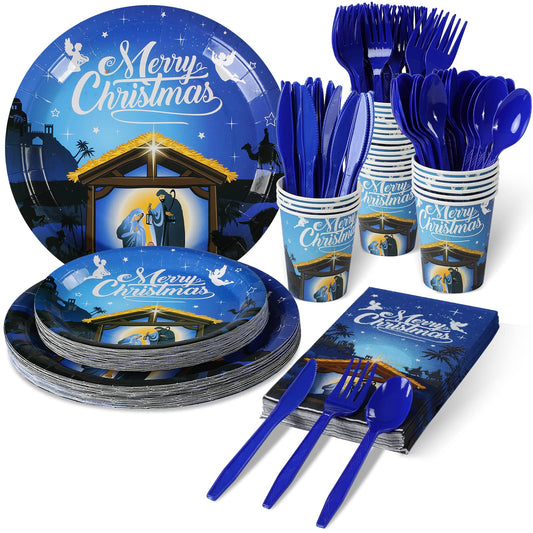 Christmas Nativity Party Supplies, Christmas Nativity Plates and Napkins Set, Disposable Jesus Holy Night Paper Plates Napkins Cups Knives Spoons Forks for Xmas Winter Holiday Party Decors, Serve 25
