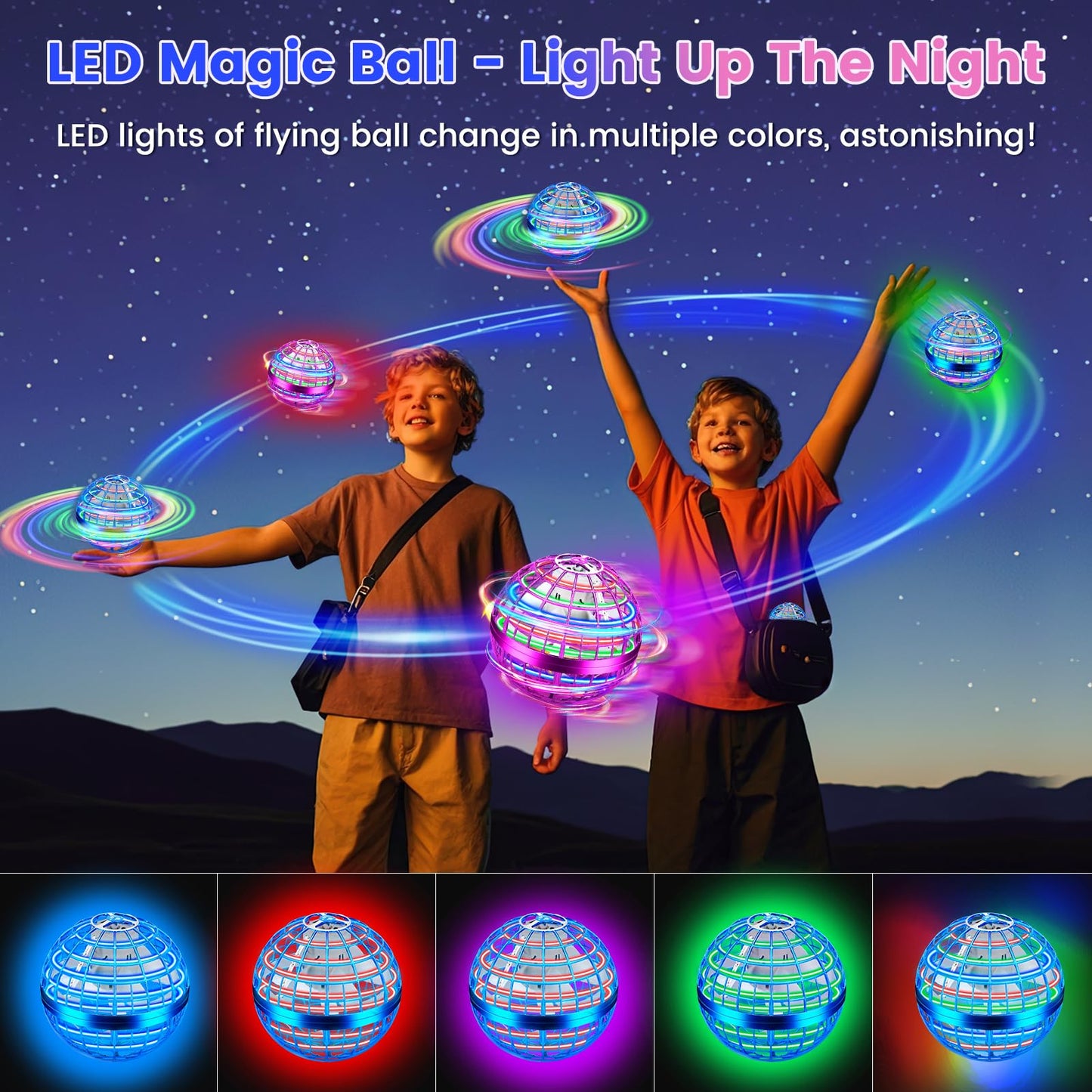 NWLAEWR Flying Orb Ball Toy, Hand Controlled Hover Ball with LED Lights, 360° Rotating Boomerang Globe, Mini Drone Spinner for Kids, Ideal Birthday & Festival Gift for Boys Girls, 2 Pack - Blue&Purple