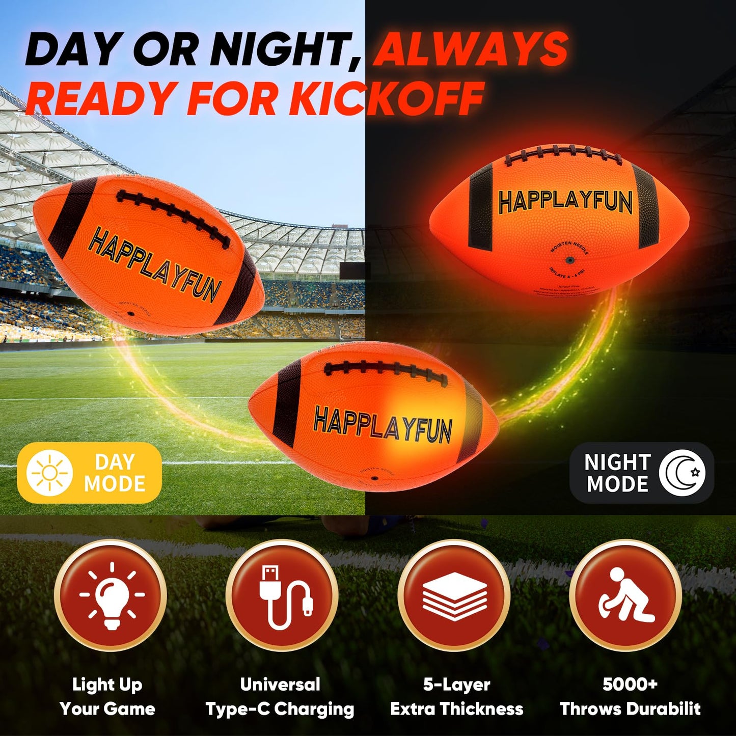 Light Up Football Gifts for Boys 8-12: LED Youth Glow in the Dark Footballs Size 6 Kids Games Cool Toys 8-13, Sports and Outdoor Birthday Gifts for 6 7 9 10 11 12 13 Year Old Boy Girl Teens