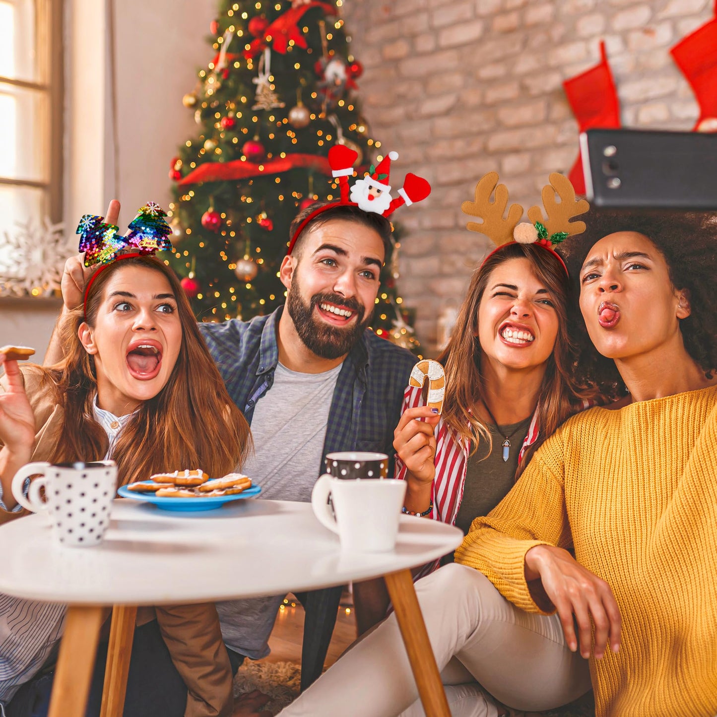 HOVACY 12 Pieces Christmas Headbands, Cute Christmas Head Toppers, Various Design Santa Hat Christmas Tree Snowman Reindeer Antler Headwears for Christmas Party Favors, Christmas Decorations