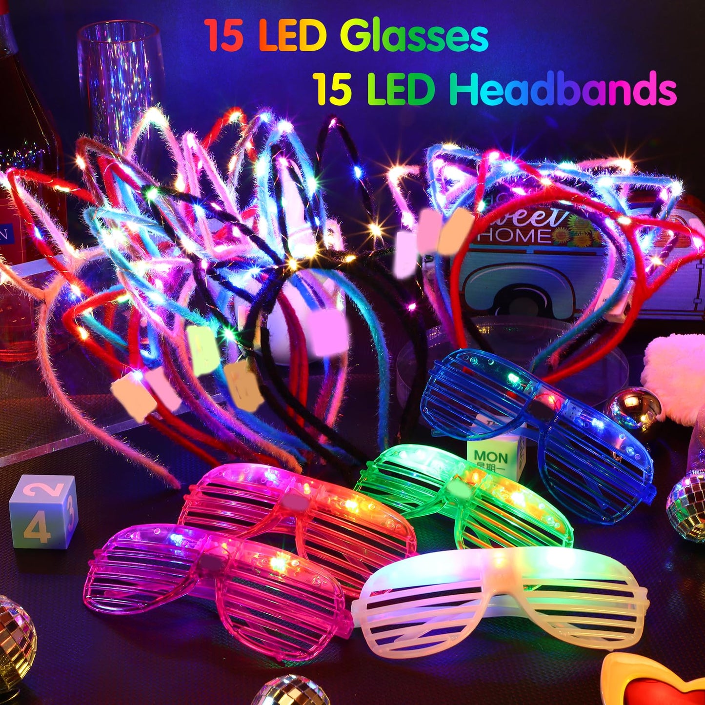 Honoson 15 Pcs LED Light up Glasses 15 Pcs Cat LED Cute Headband Cat Ears Sunglasses Glow in the Dark Party Supplies(Classic)