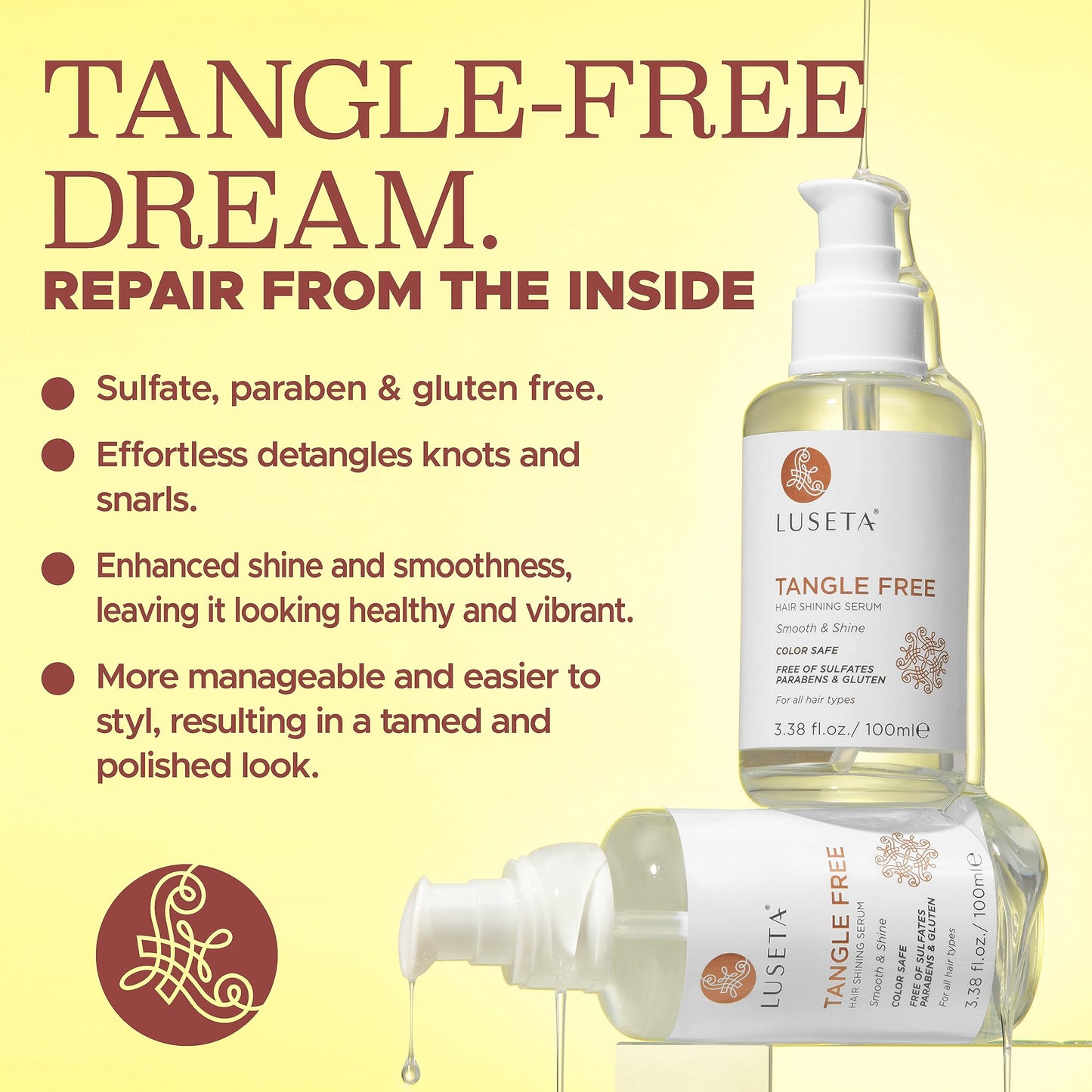 Luseta Tangle Free Routine Hair Serum Oil for Women and Men Detangling with Keratin and Argan Oil, Color Safe for Curly and Wavy Hair, Paraben & Gluten Free 3.38oz