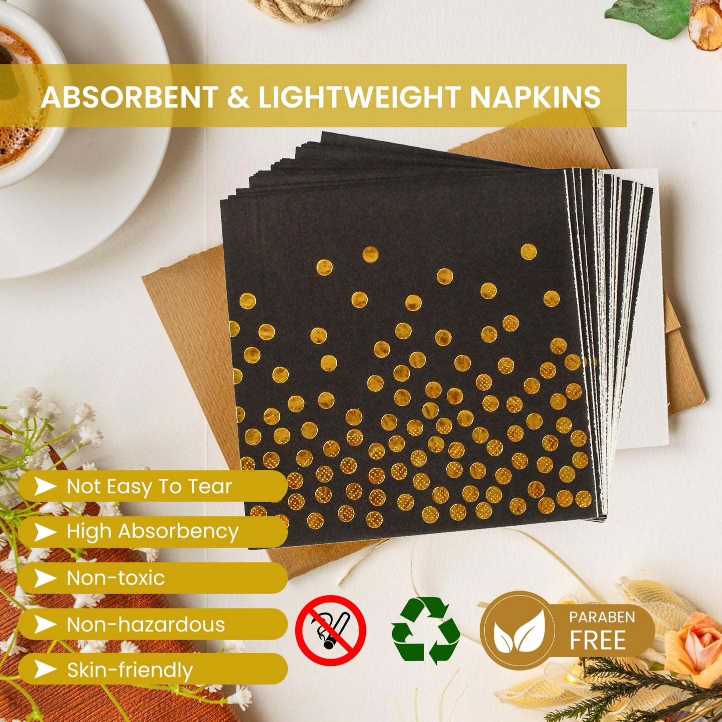 150PCS Paper Plates and Napkins Set - Black and Gold Dot Disposable Party Dinnerware Includes Paper Plates, Napkins, Forks Decorations for Birthdays, Graduations, Weddings and Holidays, Serves 50