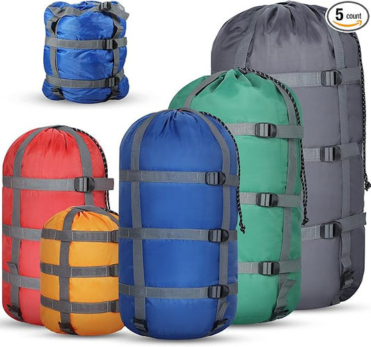 5 Pack Compression Stuff Sack 5 Assorted Size Sleeping Bag Stuff Sack Ultralight Sleeping Bag Cover Space Saving Gear for Travel Outdoor Camping Hiking Backpacking