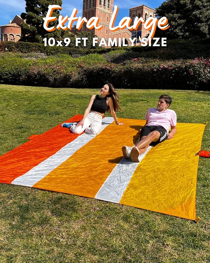 ECCOSOPHY Sandproof Beach Blanket - Oversized Sand Free Beach Mat 9'x10' - Lightweight Outdoor Picnic Blanket Anchored with 4 Corner Sand Pockets & Plastic Stakes - Heat Proof, Quick Drying & Compact