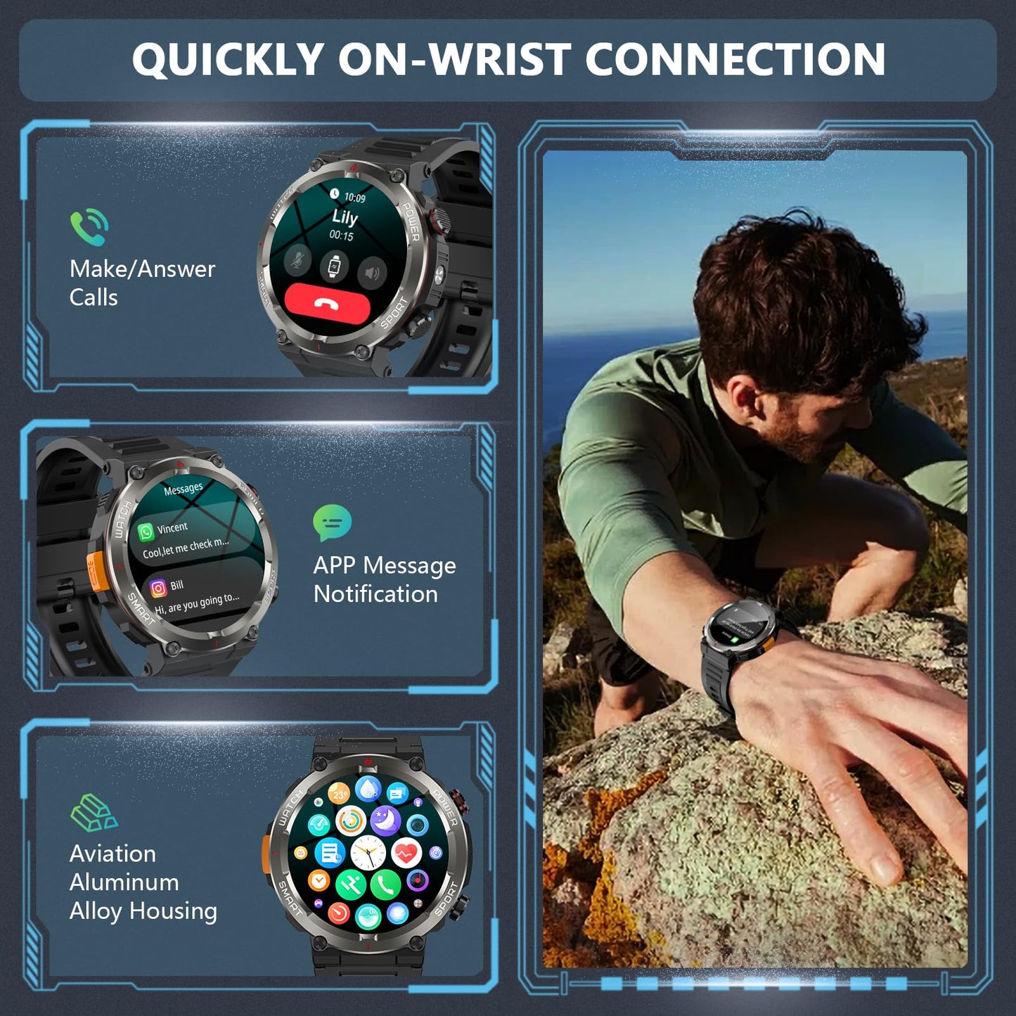 Military Smart Watch for Men, 100 Days Battery/Led Flashlight/Compass/2 Straps/IP68 Waterproof Smart Watches for Men, Tactical Smart Watch Outdoor, Answer/Make Calls Fitness Tracker for iPhone/Android