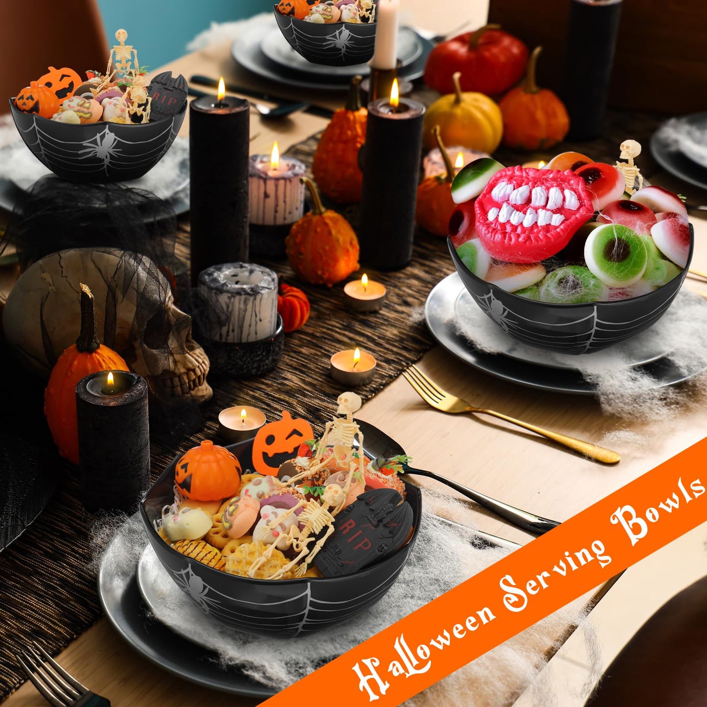Shellwei 2 Pcs Halloween Candy Bowls Spider Web Serving Black Decorative Treat Bowl for Halloween Kitchenware Party Supplies