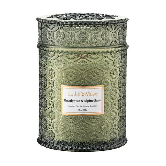LA JOLIE MUSE Scented Candles Eucalyptus & Alpine Sage, 19 oz Large Wood Wicked Candle, Decorative Candles in Glass, Natural Soy Wax, 90 Hours Long Burning