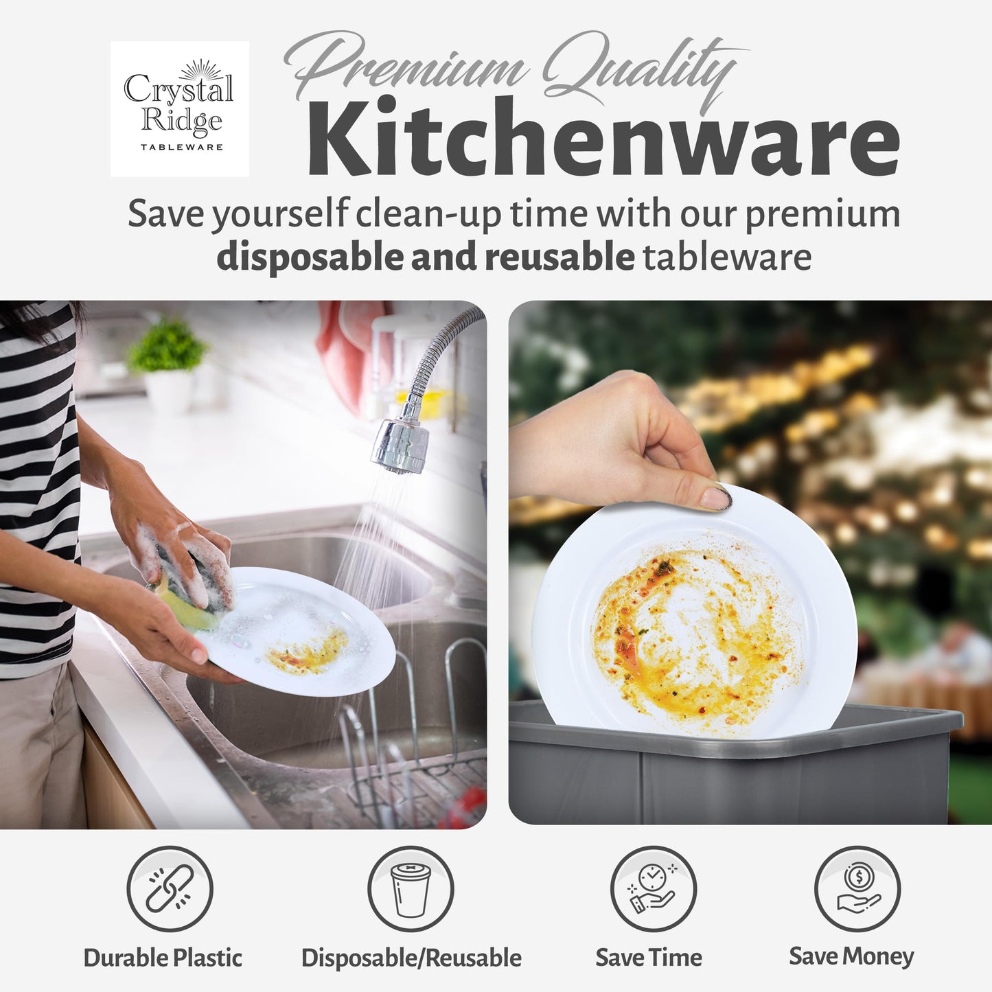 Crystal Ridge Tableware 120-Piece Plastic Plates Set Premium 60 Dinner Plates & 60 Salad Plates Pack, Disposable Plates for Party - White Plastic Wedding Plates with White Rim