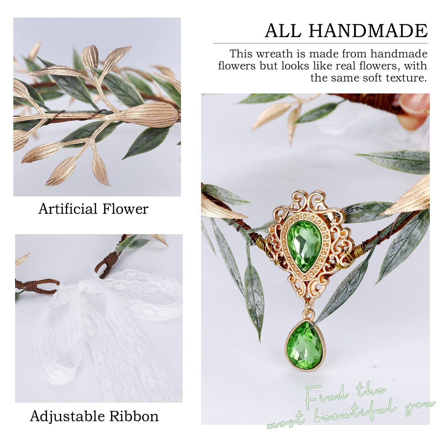 MOSTORY Renaissance Fairy Flower Crown - Elf Crown Woodland Headpiece Handmade Forest Leaf Circlet for Ren Faire Costume Women Halloween Cosplay Photo Shoot