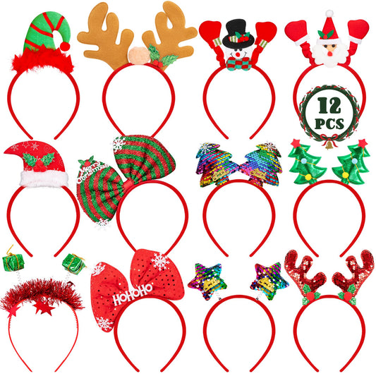HOVACY 12 Pieces Christmas Headbands, Cute Christmas Head Toppers, Various Design Santa Hat Christmas Tree Snowman Reindeer Antler Headwears for Christmas Party Favors, Christmas Decorations