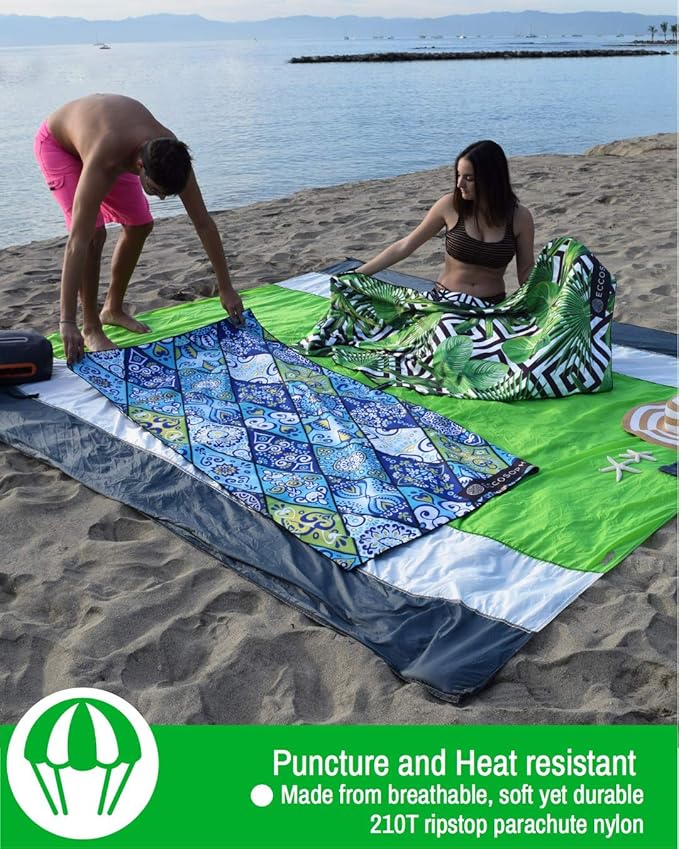 ECCOSOPHY Sandproof Beach Blanket - Oversized Sand Free Beach Mat 9'x10' - Lightweight Outdoor Picnic Blanket Anchored with 4 Corner Sand Pockets & Plastic Stakes - Heat Proof, Quick Drying & Compact