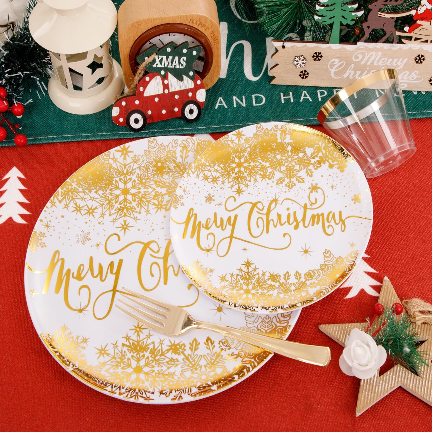 DaYammi 175Pcs Christmas Gold Plastic Dinnerware Set, 50Pcs Heavyduty Disposable Party Plates,Fancy Snowflake Design, 75Pcs Gold Plastic Cutlery,25Pcs 9oz Gold Cups,25Pcs Napkins Perfect for Christmas