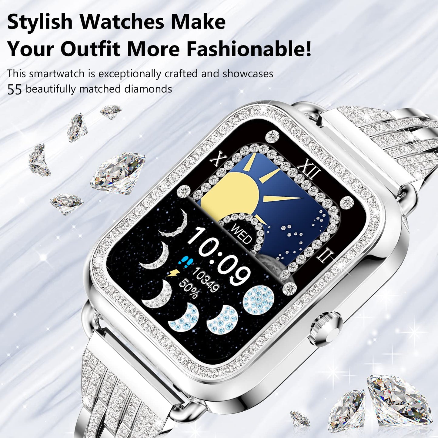 Efolen Smart Watches for Women with Diamonds (Answer/Make Call), 1.57'' Bluetooth Smartwatch for Android iOS Phones, Waterproof Fitness Tracker with Heart Rate/SpO2/Sleep/BP/AI Voice (Silver)