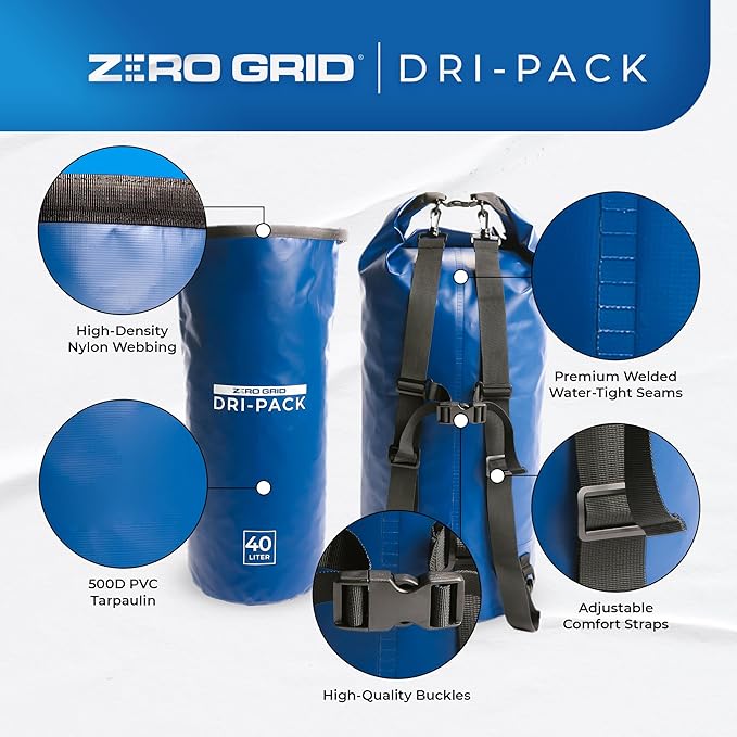 Zero Grid Waterproof Dry Bag - Floating Roll Top Drybag Keeps Dry 10L/20L/30L/40L Sizes for Backpacking, Kayaking, Boating, Camping, Fishing, Hiking, Made from Tough 500D Material