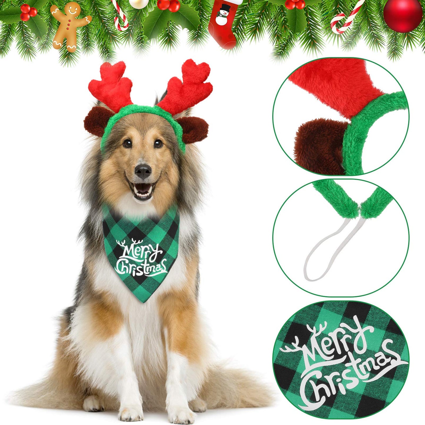 SATINIOR 4 Pcs Adjustable 3D Christmas Dog Santa Hat, Christmas Classic Buffalo Plaid Pets Scarf, Reindeer Antlers Headband with Ears Pet Costume Accessories for Dogs and Cats(Vivid Style)