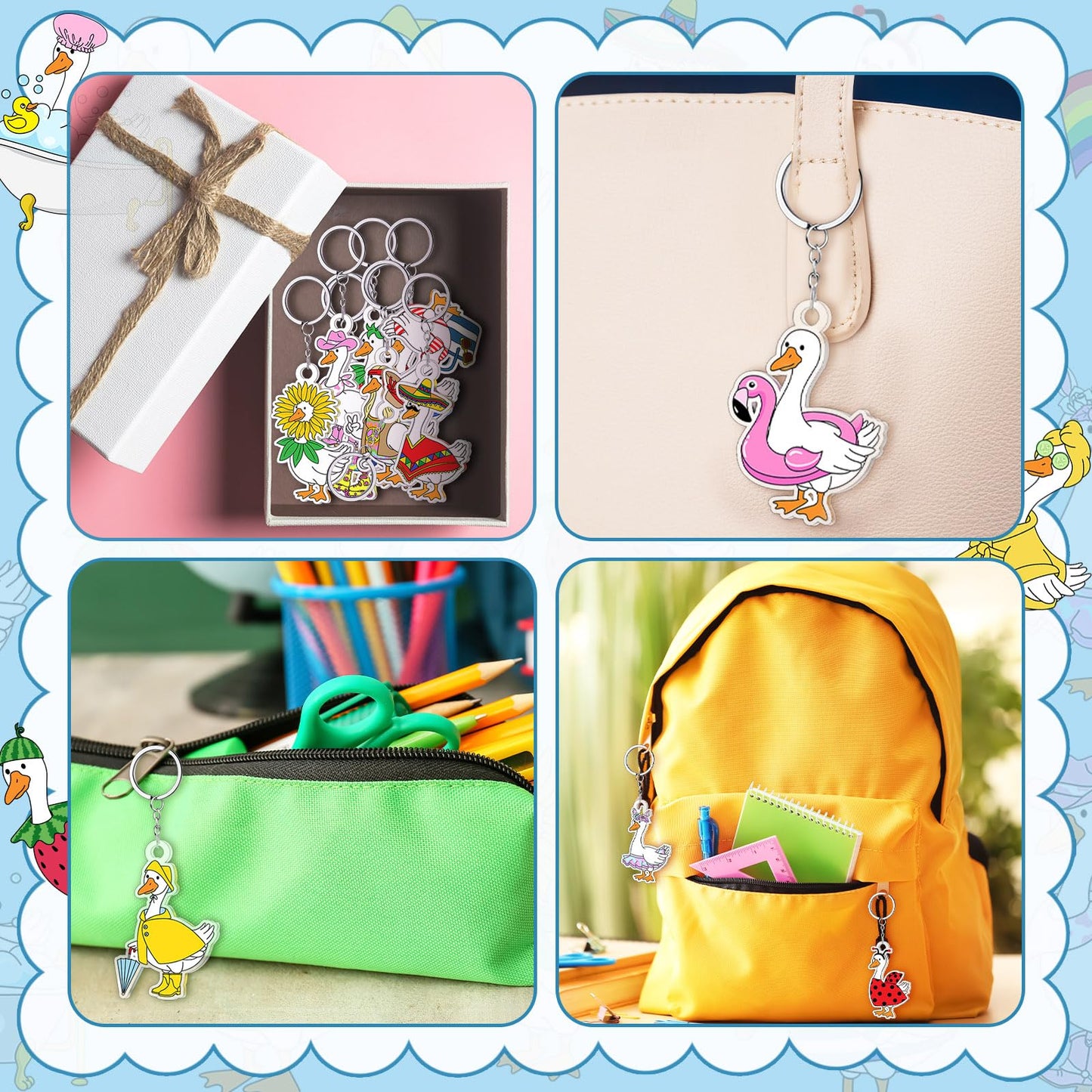 100 Pcs Cute Silly Goose Keychains Bulk, 19 Styles Featuring Pirate Bee Lifeguard Gnome Strawberry, Funny Acrylic Silly Goose Key Chains for Birthday Party Favors Game Prizes Classroom Teen Gifts