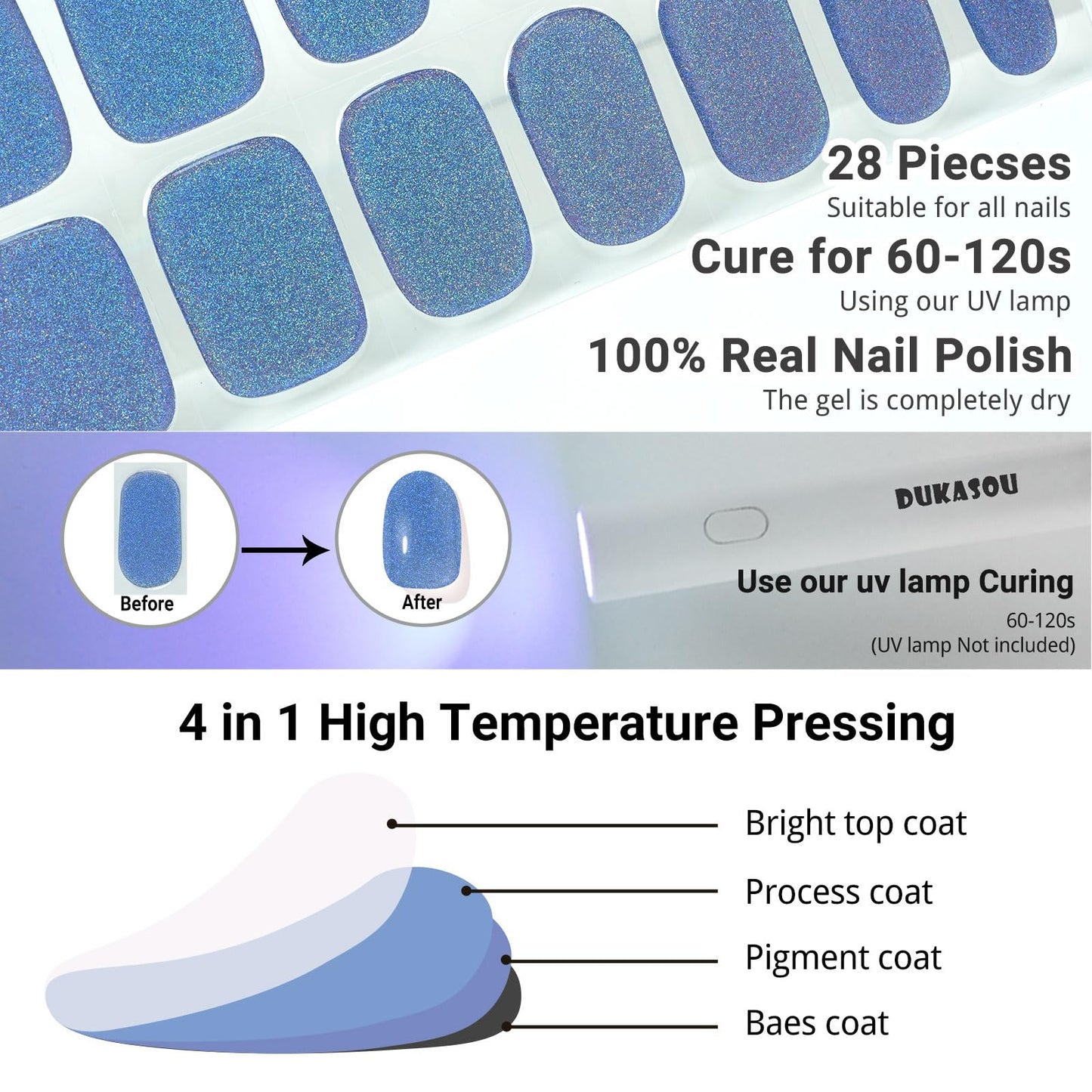 DUKASOU Semi Cured Gel Nail Strips, Blue Fine Flash | 28pcs Gel Nail Strips Work with Any uv lamp,Gel Nail Stickers for Women Girls, Includes Prep Pads, Nail File & Wood Stick