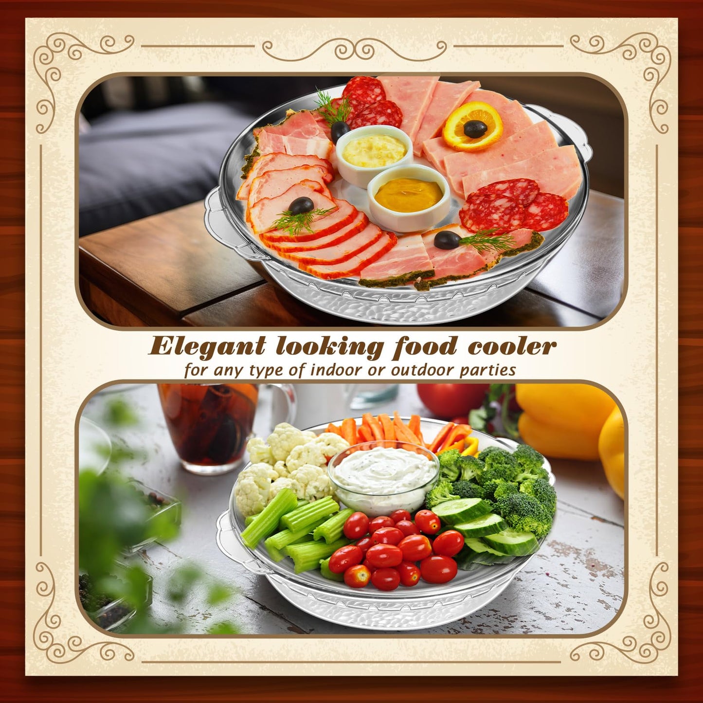 Baderke 3 Set 11.8" Chilled Serving Tray for Parties with Compartments Ice Chilled Party Platter Charcuterie Serving Board Cold Dish Dip for Fruit Seafood Vegetable Shrimp Cocktail (Natural)