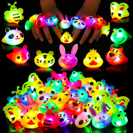 SCIONE 40 Pack Light up Rings Birthday Party Favors for Kids, Goodie Bag Stuffers Glow in the Dark Halloween Party Supplies, Classroom Prizes Cute Animal Treasure Box for Kids