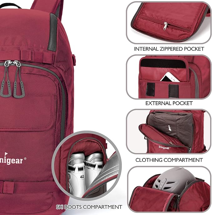 Unigear Ski Boot Bag, 50L Ski Boot Travel Backpack for Ski Helmet, Goggles, Gloves, Skis, Snowboard & Accessories (Red)