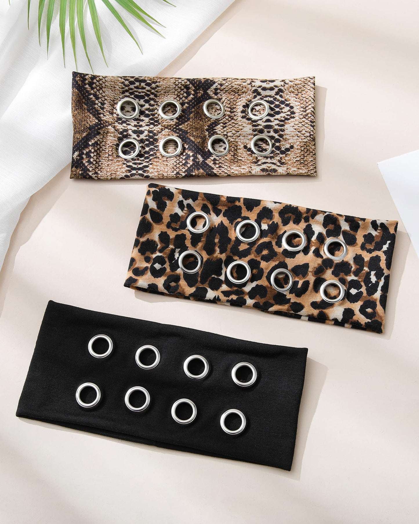 Mesovor 3 Pack Fashion Grommet Wide Headbands for Women, Hollow Out Eyelets Elastic Head Bands | Y2k Girls Punk Grunge Stretchy Hair Accessory (Black, Snakeskin, Leopard, 3.9" wide)
