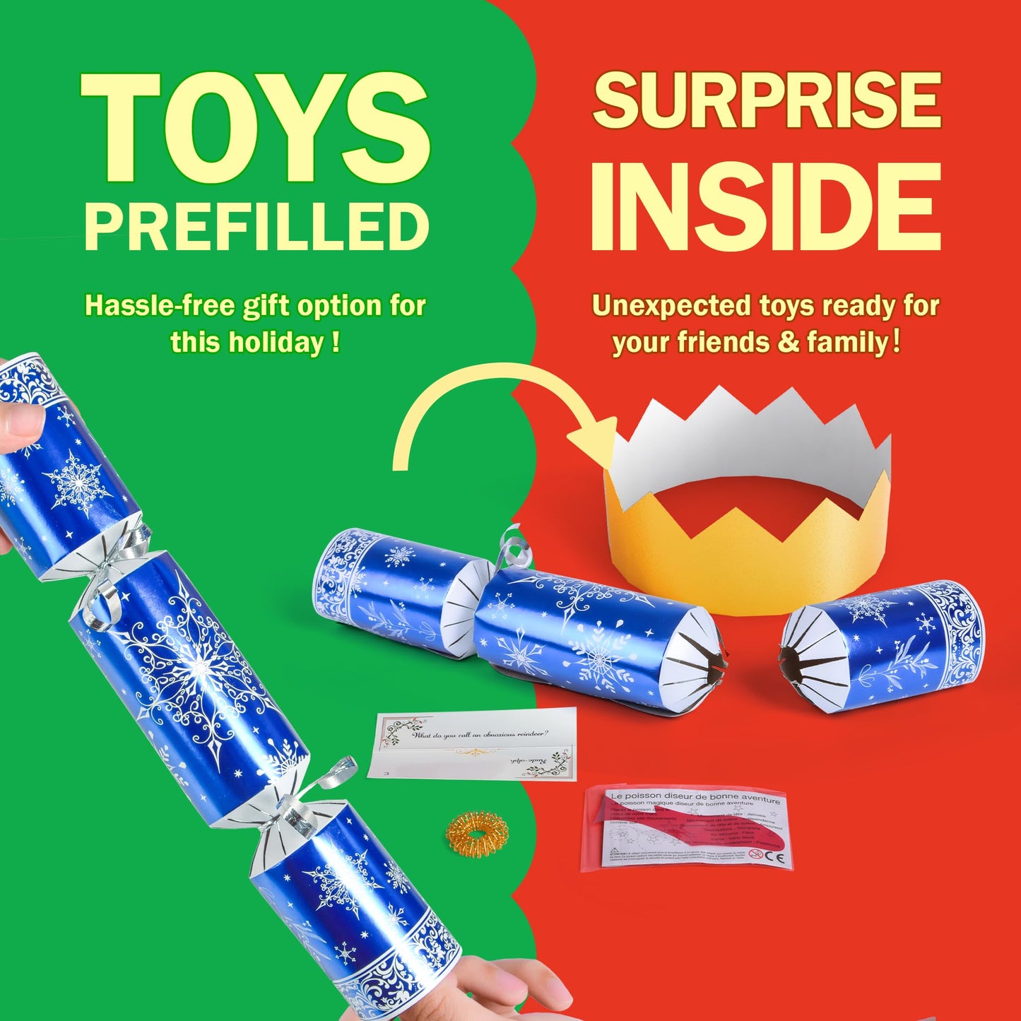 Christmas Crackers, 12 Pack Valentines No Snap Party Favors with Party Hat, Joke & Little Gift Inside for Christmas Thanksgiving Seasonal Holiday Dinner Traditions (Blue and White)