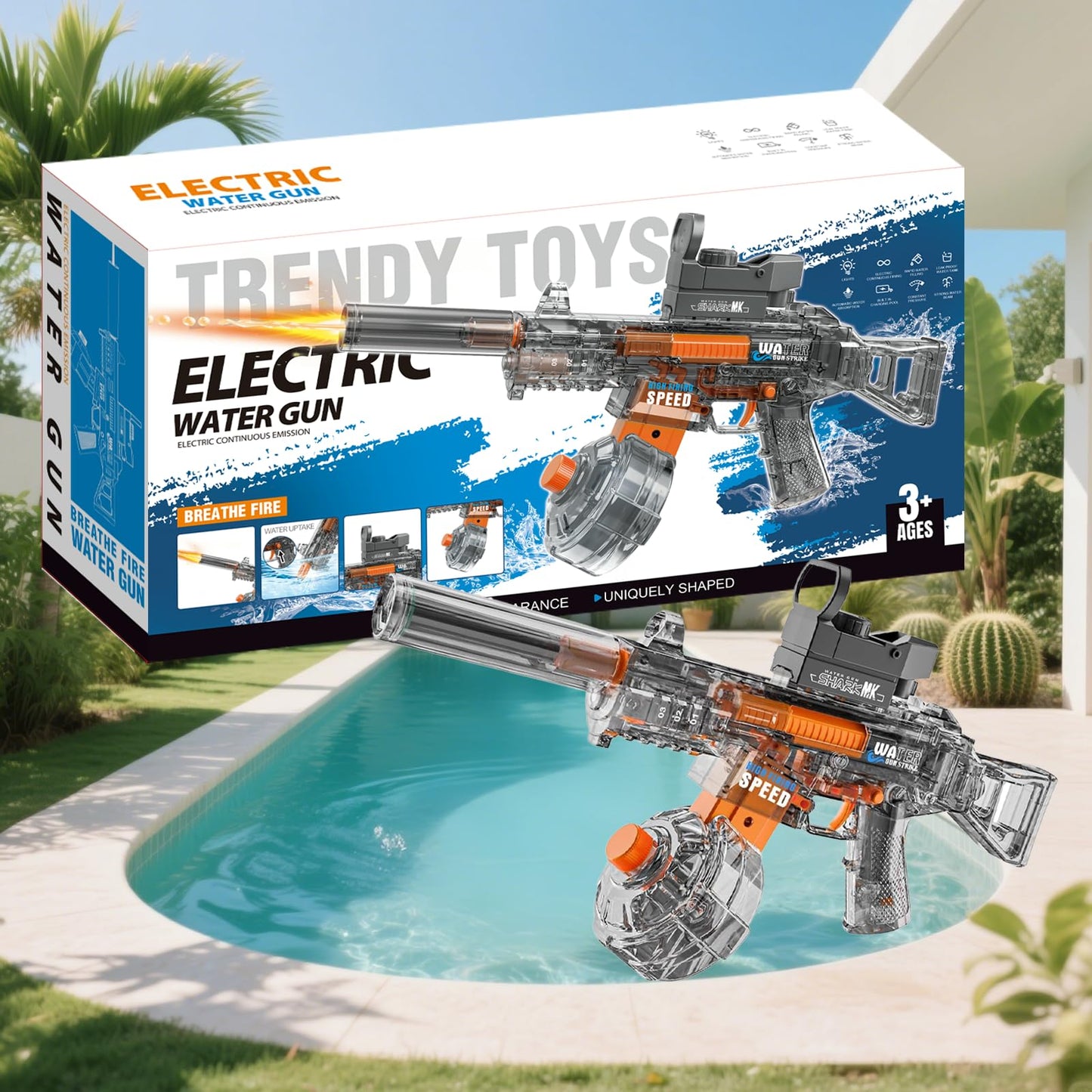 Electric Water Gun for Adults Kids, Automatic Squirt Watergun Pistol with Led Lights, Summer Outdoor Pool Beach Party Toys, UMP45 Black