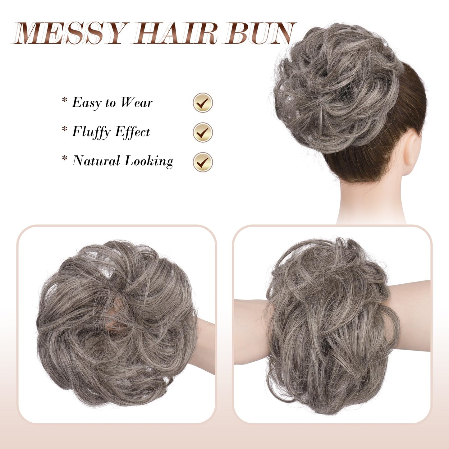 FESHFEN Messy Bun Hair Piece - Elastic Wavy Curly Hair Bun Scrunchies Extensions Synthetic Chignon Hairpieces for Women Girls, Salt and Pepper 1 PCS