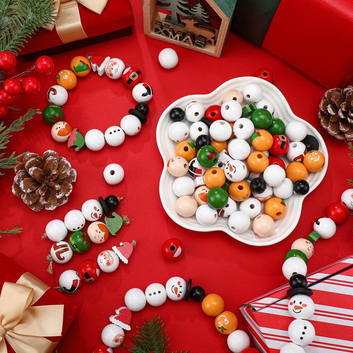 Suzile 150 Pcs Christmas Wood Beads with Twine Xmas Santa Gingerbread Man Snowman Elf Wooden Bead Farmhouse Rustic Round Wooden Beads for Crafts DIY Christmas Winter Party Supplies Decor Ornaments