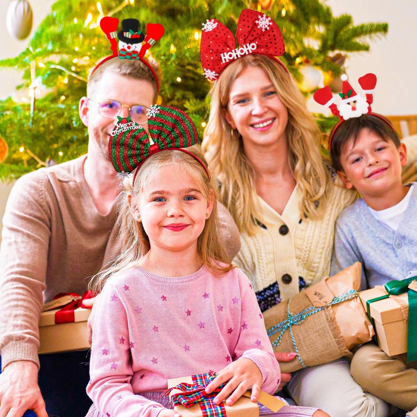 HOVACY 12 Pieces Christmas Headbands, Cute Christmas Head Toppers, Various Design Santa Hat Christmas Tree Snowman Reindeer Antler Headwears for Christmas Party Favors, Christmas Decorations