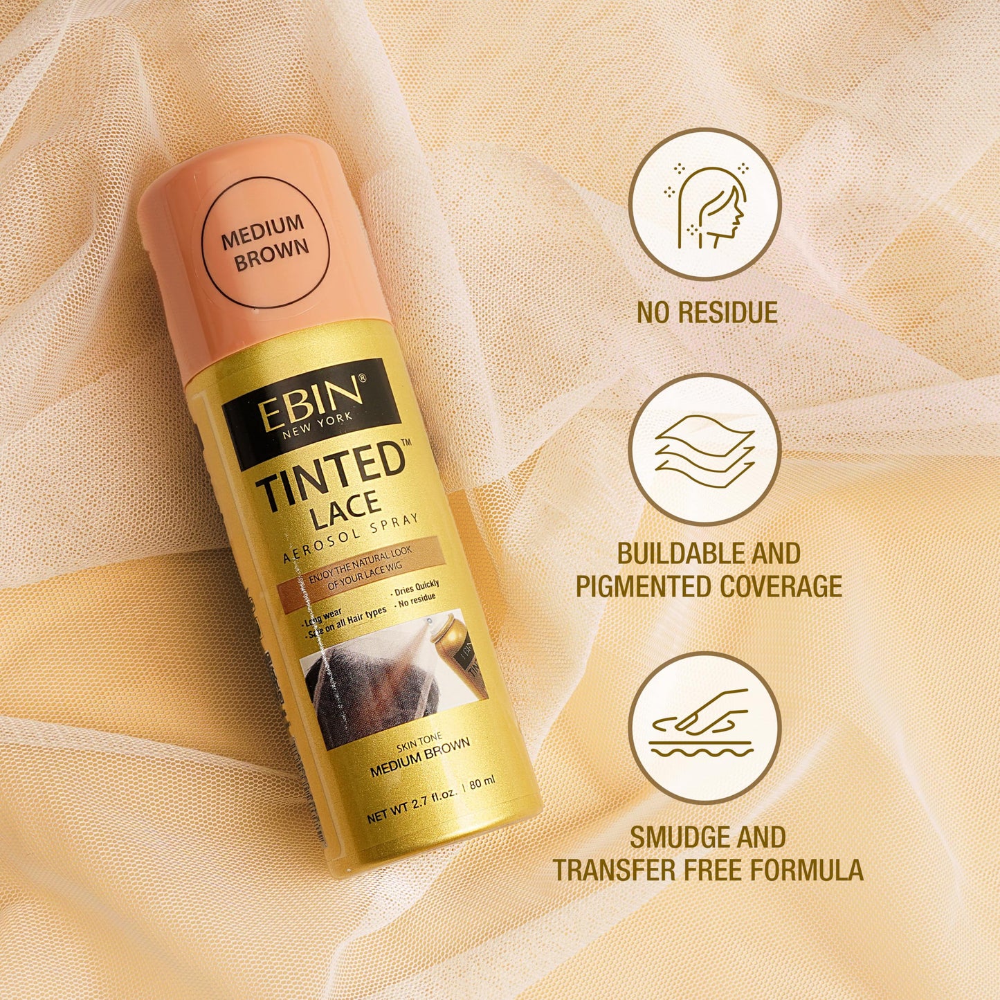 EBIN NEW YORK Tinted Lace Spray - Cool Deep Brown 2.7oz/ 80ml, Quick dry, Water Resistant, No Residue, High pigmentation, Even Spray, Matching Skin Tone, Natural Look, Tinted Spray for Wig